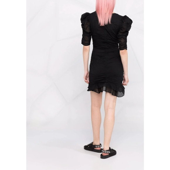 Isabel Marant Etolie 6 Puff-sleeve Mini Sireny Dress $590 Ruched Cotton Black 38 - Picture 14 of 16